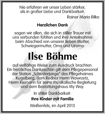Traueranzeige von Ilse Böhme von Mitteldeutsche Zeitung Weißenfels