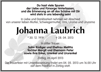 Traueranzeige von Johanna Laubrich von Mitteldeutsche Zeitung Bitterfeld
