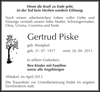 Traueranzeige von Gertrud Piske von Mitteldeutsche Zeitung Aschersleben