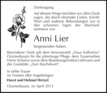 Traueranzeige von Anni Lier von Mitteldeutsche Zeitung Wittenberg