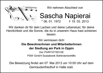 Traueranzeige von Sascha Napierai von Mitteldeutsche Zeitung Halle/Saalkreis