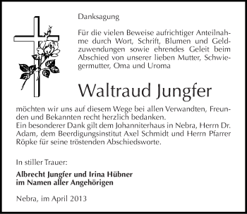 Traueranzeige von Waltraud Jungfer von Mitteldeutsche Zeitung Naumburg/Nebra