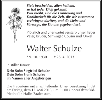 Traueranzeige von Walter Schulze von Mitteldeutsche Zeitung Halle/Saalkreis