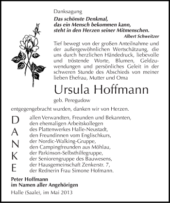 Traueranzeige von Ursula Hoffmann von Mitteldeutsche Zeitung Halle/Saalkreis