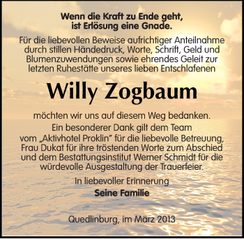 Traueranzeige von Willy Zogbaum von Mitteldeutsche Zeitung Quedlinburg