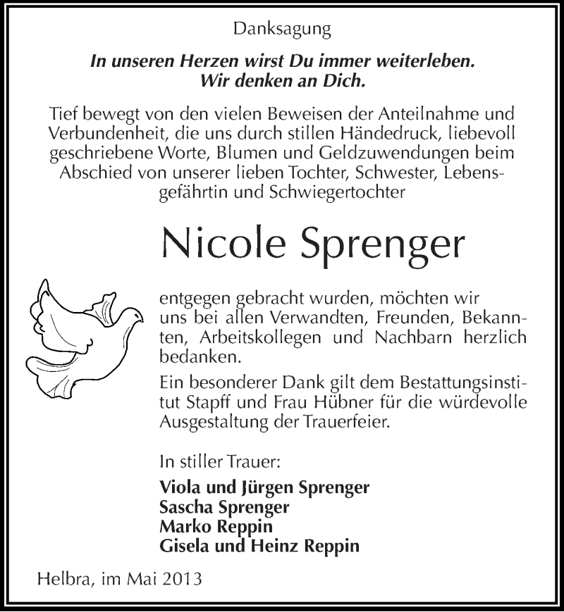  Traueranzeige für Nicole Sprenger vom 04.05.2013 aus Mitteldeutsche Zeitung Aschersleben