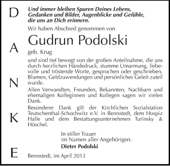 Traueranzeige von Gudrun Podolski von Mitteldeutsche Zeitung Halle/Saalkreis