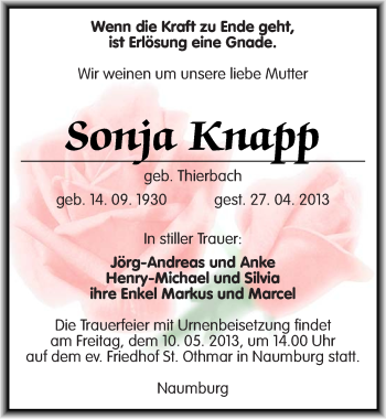 Traueranzeige von Sonja Knapp von Mitteldeutsche Zeitung Naumburg/Nebra