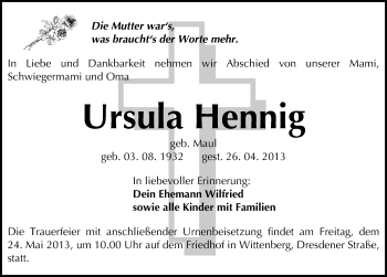 Traueranzeige von Ursula Hennig von Mitteldeutsche Zeitung Wittenberg