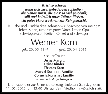 Traueranzeige von Werner Korn von Mitteldeutsche Zeitung Halle/Saalkreis