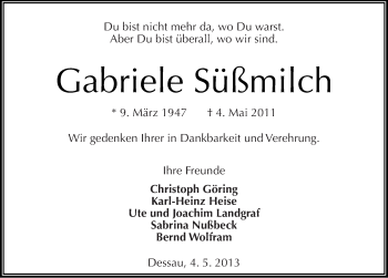 Traueranzeige von Gabriele Süßmilch von Mitteldeutsche Zeitung Dessau-Roßlau