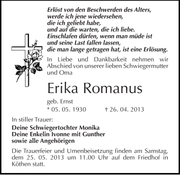 Traueranzeige von Erika Romanus von Mitteldeutsche Zeitung Köthen
