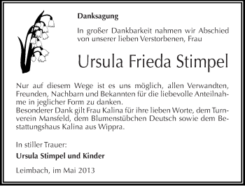 Traueranzeige von Ursula Frieda Stimpel von Mitteldeutsche Zeitung Aschersleben