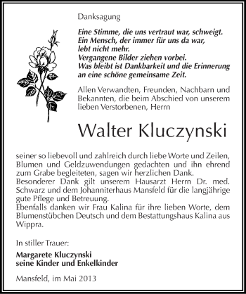 Traueranzeige von Walter Kluczynski von Mitteldeutsche Zeitung Aschersleben