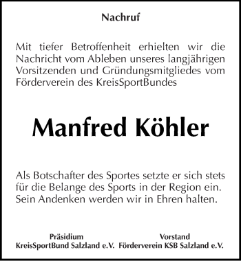 Traueranzeige von Manfred Köhler von Mitteldeutsche Zeitung Aschersleben