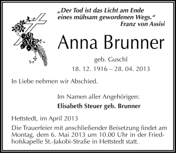 Traueranzeige von Anna Brunner von Mitteldeutsche Zeitung Aschersleben
