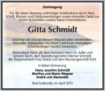 Traueranzeige von Gitta Schmidt von Mitteldeutsche Zeitung Quedlinburg