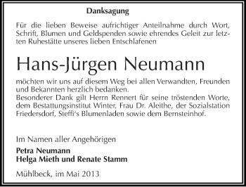 Traueranzeige von Hans-Jürgen Neumann von Mitteldeutsche Zeitung Bitterfeld