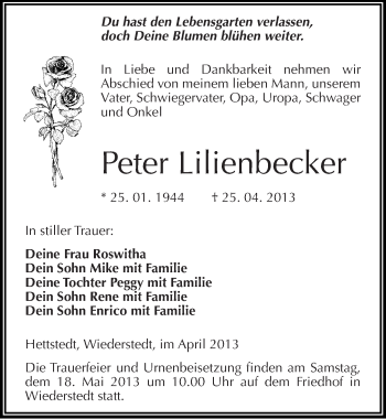 Traueranzeige von Peter Lilienbecker von Mitteldeutsche Zeitung Aschersleben