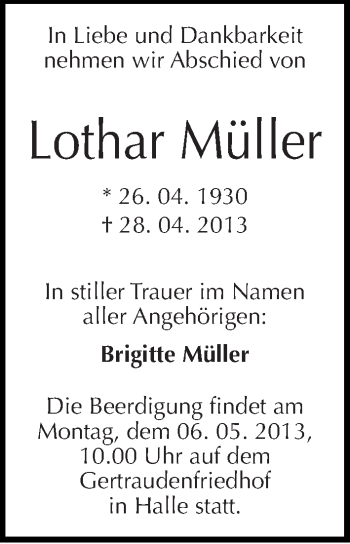 Traueranzeige von Lothar Müller von Mitteldeutsche Zeitung Halle/Saalkreis