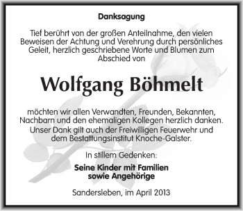 Traueranzeige von Wolfgang Böhmelt von Mitteldeutsche Zeitung Aschersleben