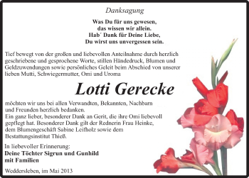 Traueranzeige von Lotti Gerecke von Mitteldeutsche Zeitung Quedlinburg