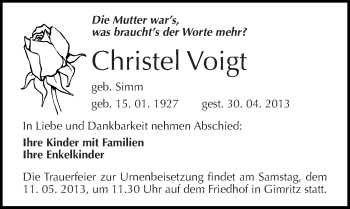 Traueranzeige von Christel Voigt von Mitteldeutsche Zeitung Halle/Saalkreis