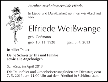 Traueranzeige von Elfriede Weißwange von Mitteldeutsche Zeitung Wittenberg