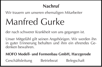 Traueranzeige von Manfred Gurke von Mitteldeutsche Zeitung Quedlinburg