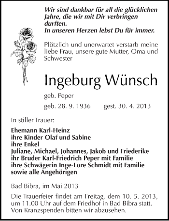 Traueranzeige von Ingeburg Wünsch von Mitteldeutsche Zeitung Naumburg/Nebra