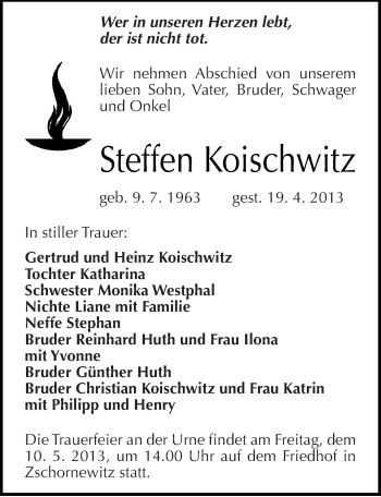 Traueranzeige von Steffen Koischwitz von Mitteldeutsche Zeitung Wittenberg