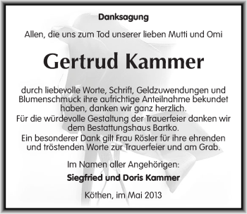 Traueranzeige von Gertrud Kammer von Mitteldeutsche Zeitung Köthen