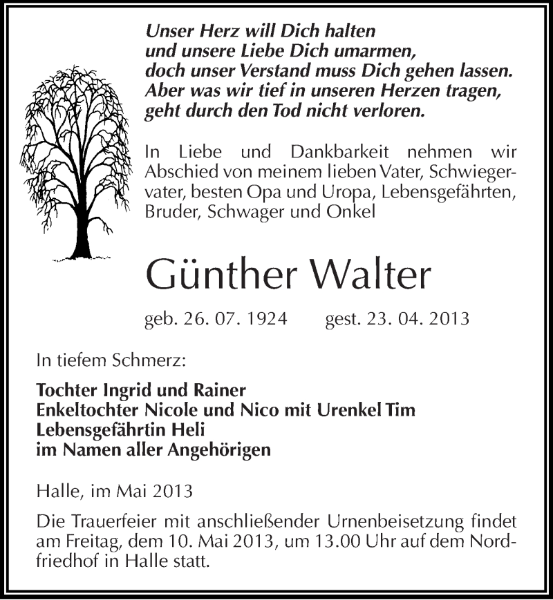  Traueranzeige für Günther Walter vom 04.05.2013 aus Mitteldeutsche Zeitung Halle/Saalkreis