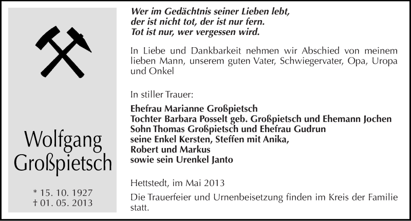  Traueranzeige für Wolfgang Großpietsch vom 04.05.2013 aus Mitteldeutsche Zeitung Aschersleben