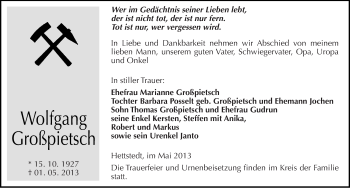 Traueranzeige von Wolfgang Großpietsch von Mitteldeutsche Zeitung Aschersleben