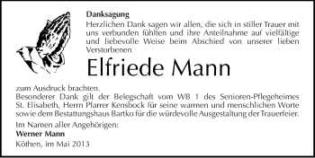 Traueranzeige von Elfriede Mann von Mitteldeutsche Zeitung Köthen