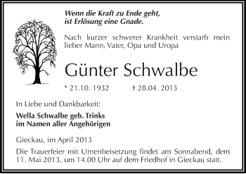 Traueranzeige von Günter Schwalbe von Mitteldeutsche Zeitung Naumburg/Nebra