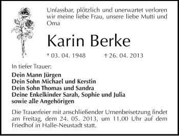 Traueranzeige von Karin Berke von Mitteldeutsche Zeitung Halle/Saalkreis