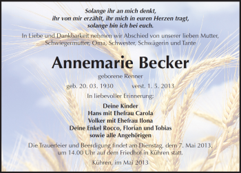 Traueranzeige von Annemarie Becker von Mitteldeutsche Zeitung Köthen