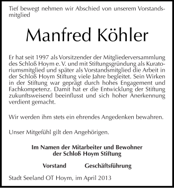 Traueranzeige von Manfred Köhler von Mitteldeutsche Zeitung Aschersleben