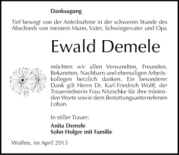 Traueranzeige von Ewald Demele von Mitteldeutsche Zeitung Bitterfeld