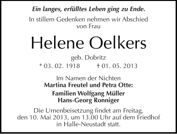 Traueranzeige von Helene Oelkers von Mitteldeutsche Zeitung Halle/Saalkreis