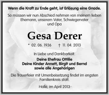 Traueranzeige von Gesa Derer von Mitteldeutsche Zeitung Halle/Saalkreis
