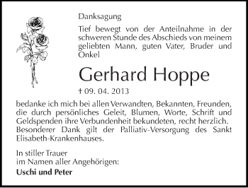 Traueranzeige von Gerhard Hoppe von Mitteldeutsche Zeitung Halle/Saalkreis
