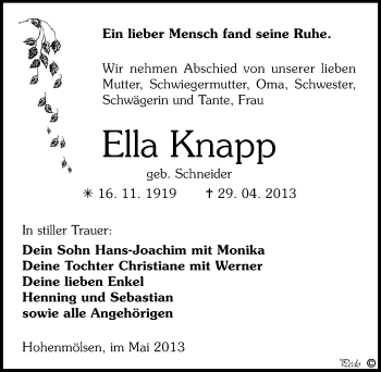 Traueranzeige von Ella Knapp von Mitteldeutsche Zeitung Weißenfels