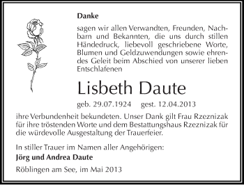 Traueranzeige von Lisbeth Daute von Mitteldeutsche Zeitung Aschersleben