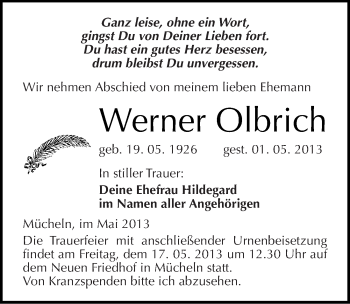 Traueranzeige von Werner Olbrich von Mitteldeutsche Zeitung Merseburg/Querfurt