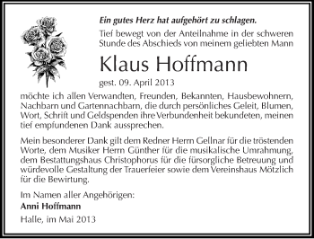 Traueranzeige von Klaus Hoffmann von Mitteldeutsche Zeitung Halle/Saalkreis