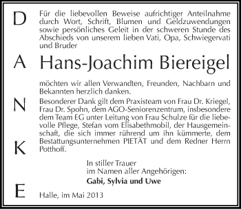 Traueranzeige von Hans-Joachim Biereigel von Mitteldeutsche Zeitung Halle/Saalkreis