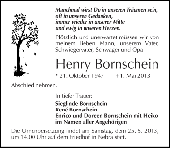 Traueranzeige von Henry Bornschein von Mitteldeutsche Zeitung Naumburg/Nebra